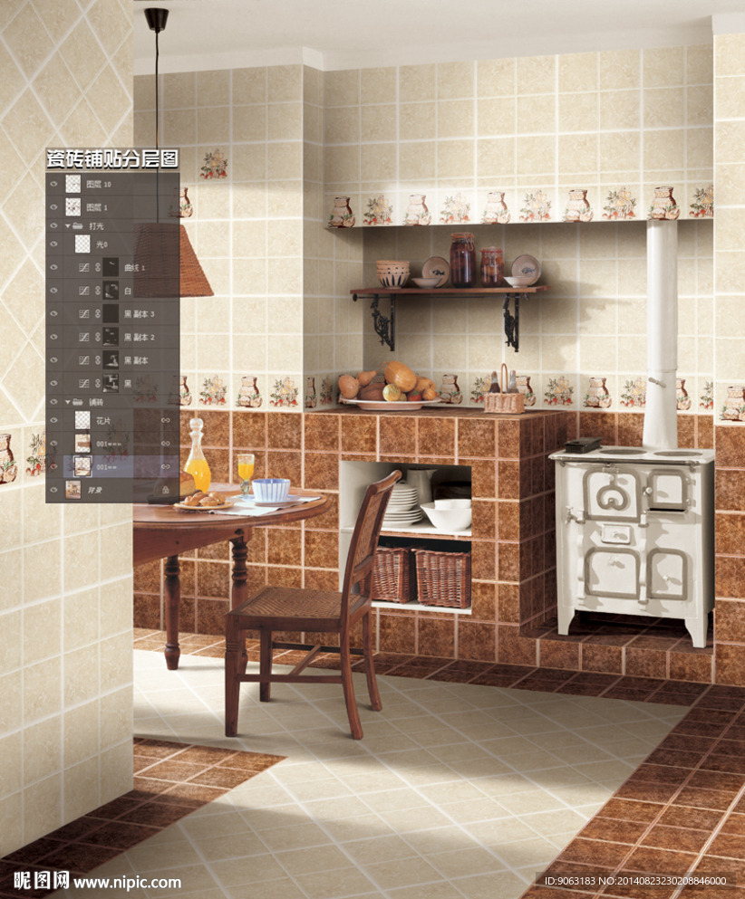厨房空间瓷砖铺贴分层