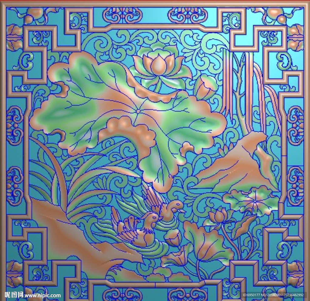 荷花鸳鸯窗花精雕灰度