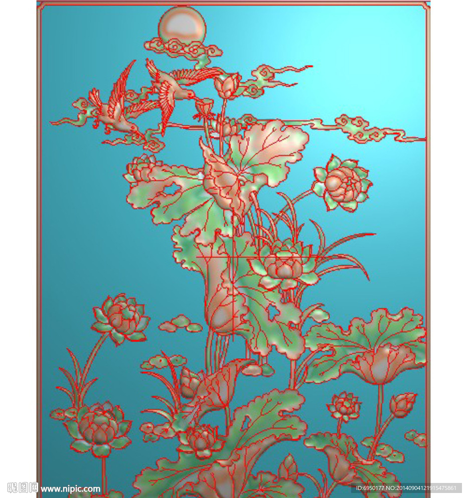 荷花下门板精雕灰度