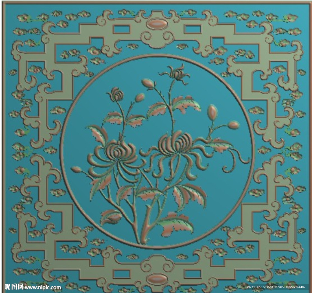 菊花对橱上方板精雕