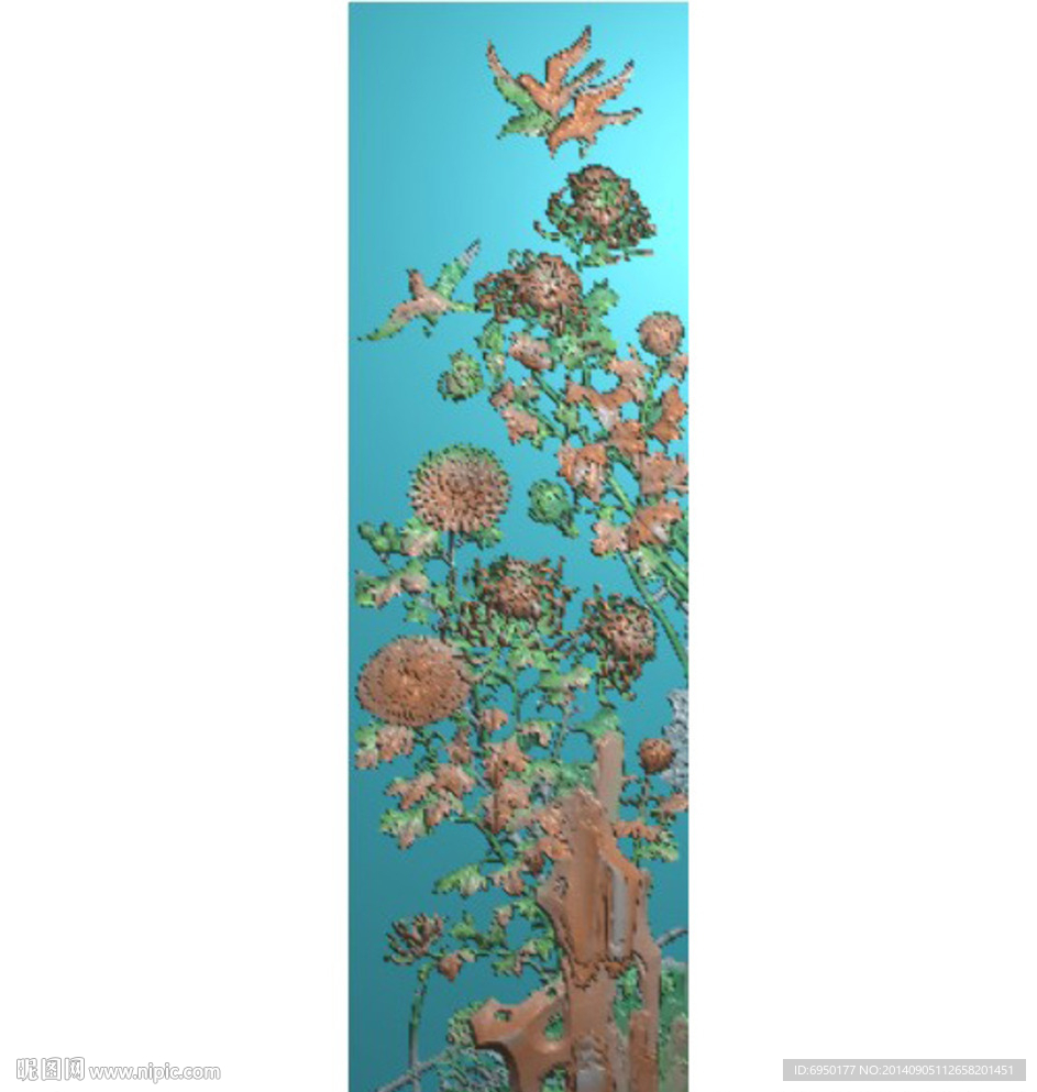 菊花鸟精雕灰度