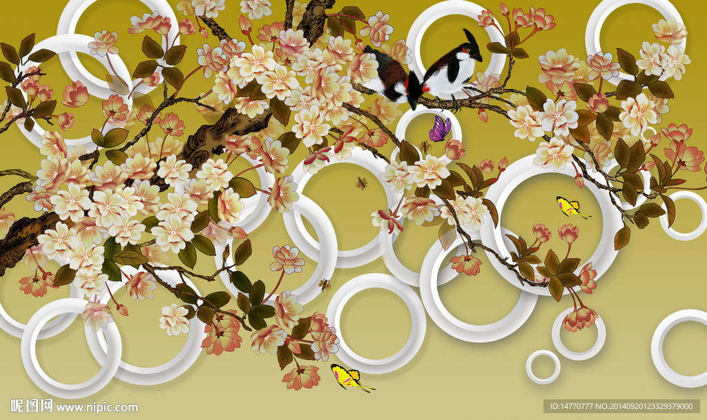 花鸟图 电视背景墙