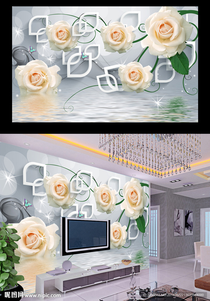水中白玫瑰背景墙
