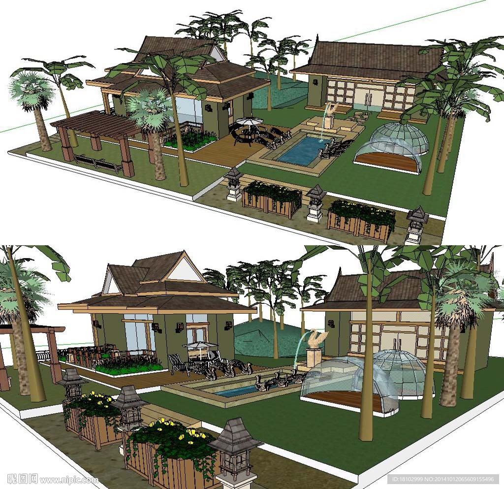 东南亚，景观园林，椰子树，热带植物树，景观凉亭-【集简空间】3d模型_su模型_贴图_草图模型「免费下载每日更新」