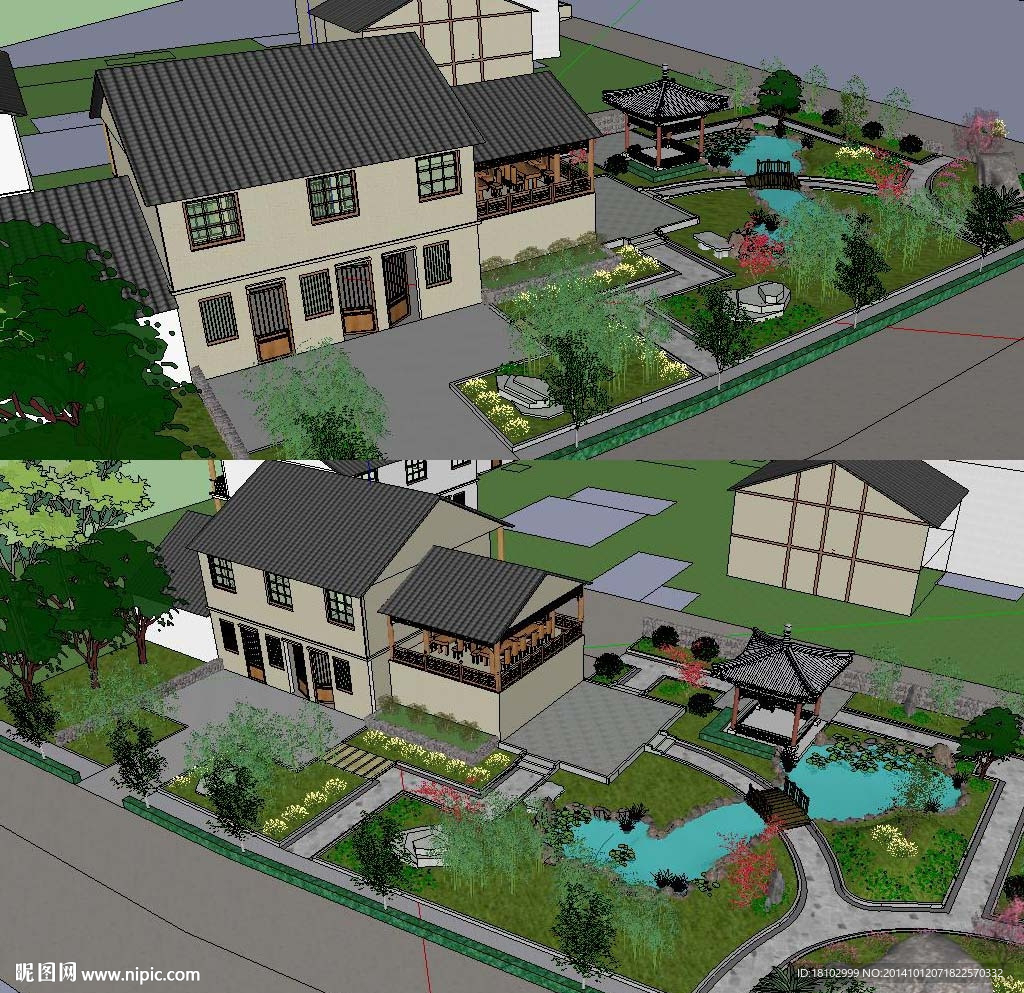 中式花园庭院景观模型