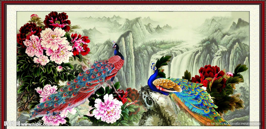 孔雀牡丹风景图