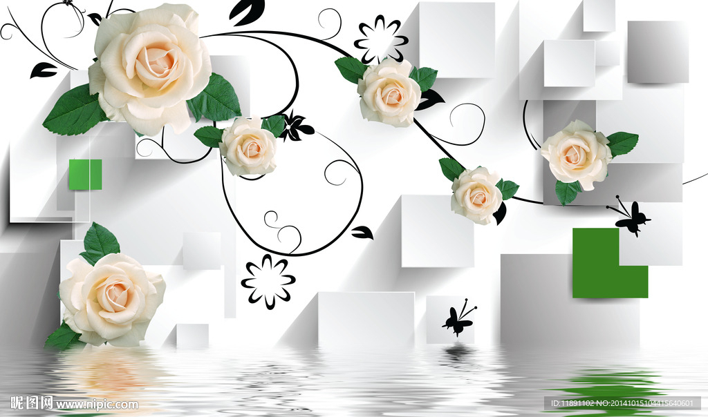 立体玫瑰倒影背景墙