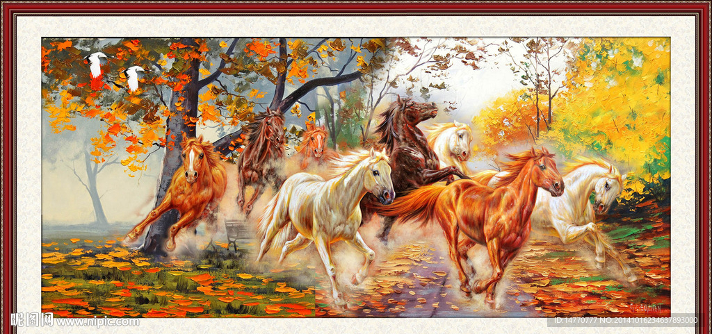 八骏图风景油画图