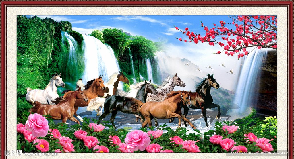 八骏图山水画