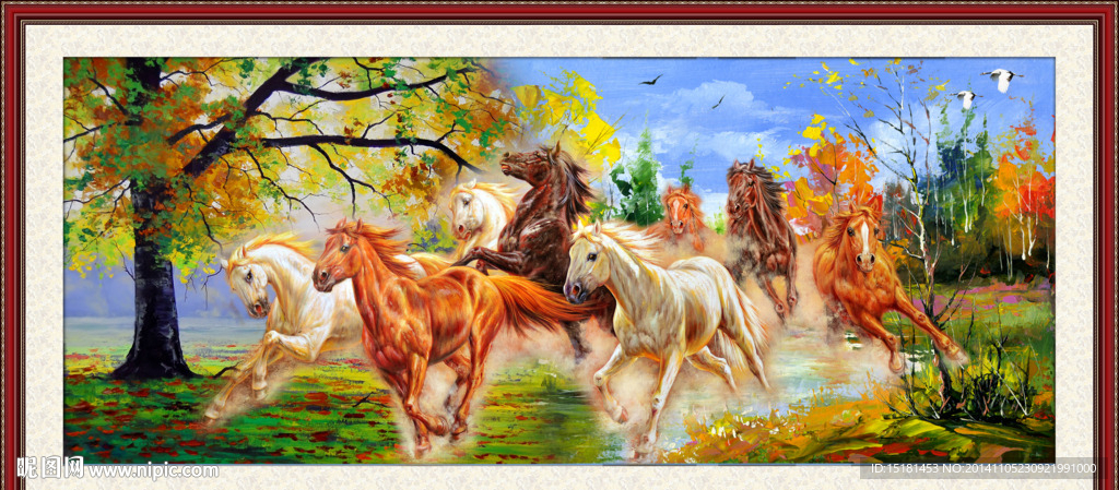 油画风景八骏图