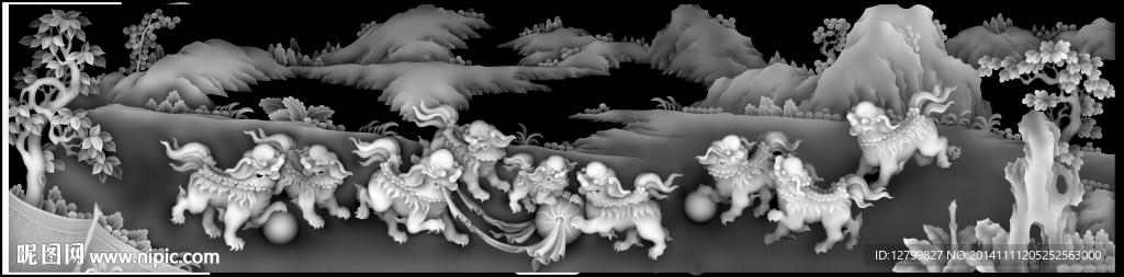 狮子戏球灰度图