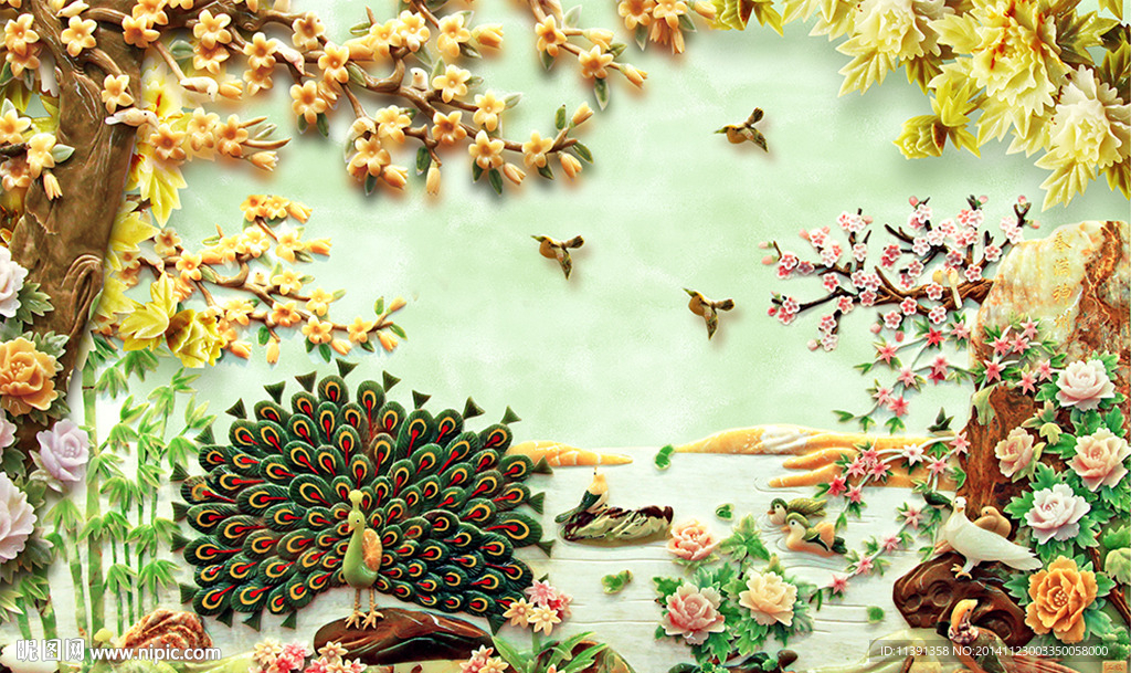 玉雕百花争艳百鸟朝凤