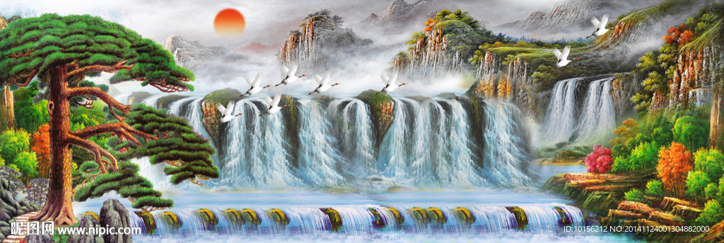 迎客松江山如画风景画