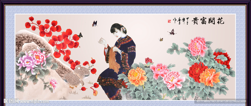 牡丹仕女国画