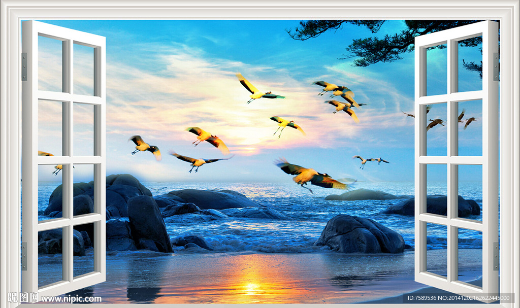 海浪仙鹤电视背景墙