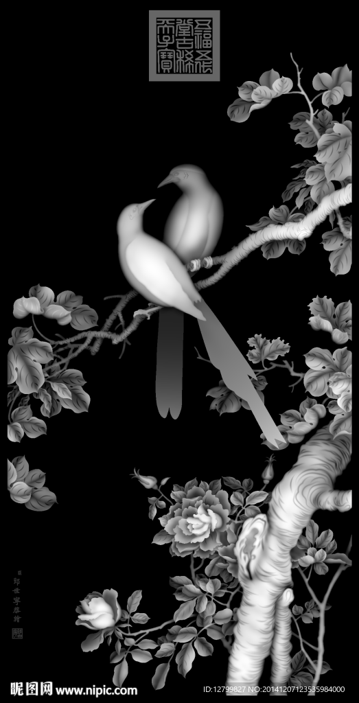 花鸟灰度图