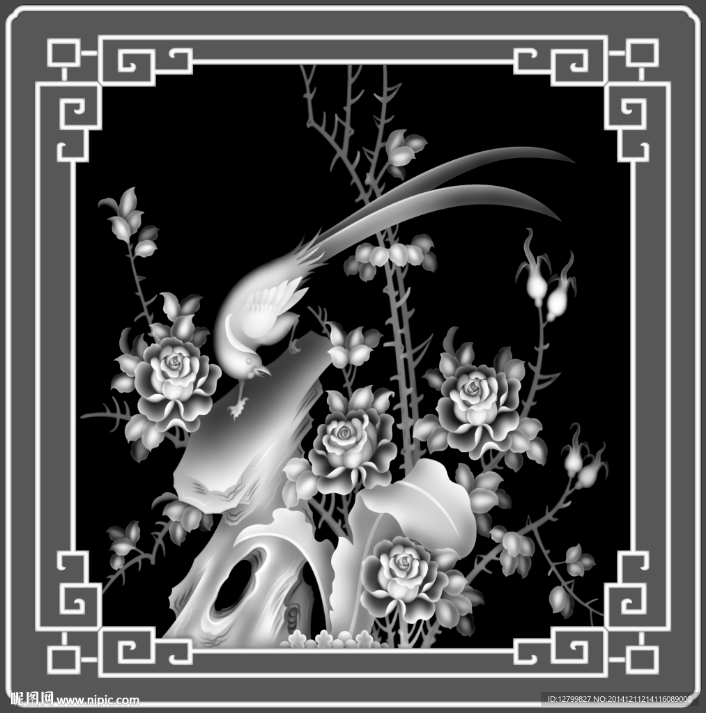 牡丹花鸟灰度图