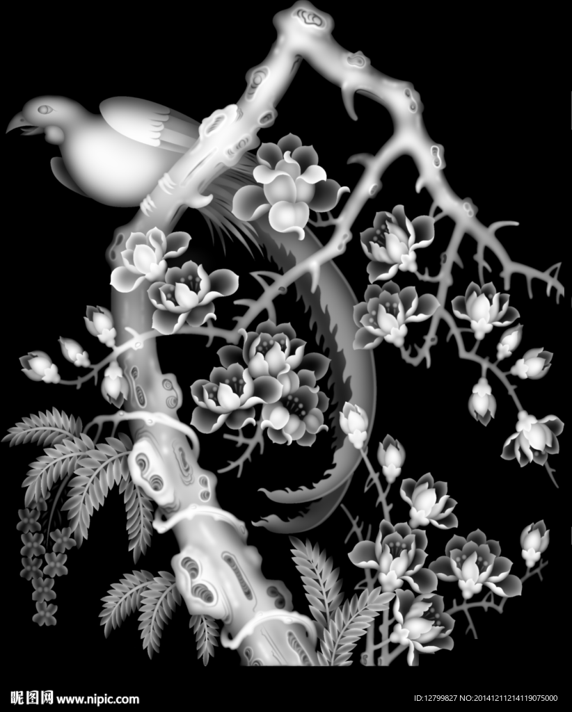 牡丹花鸟灰度图