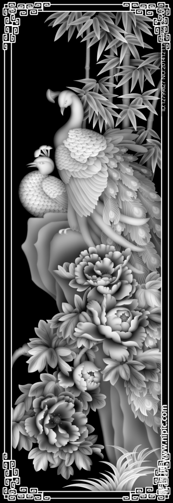 花开富贵孔雀大板灰度图