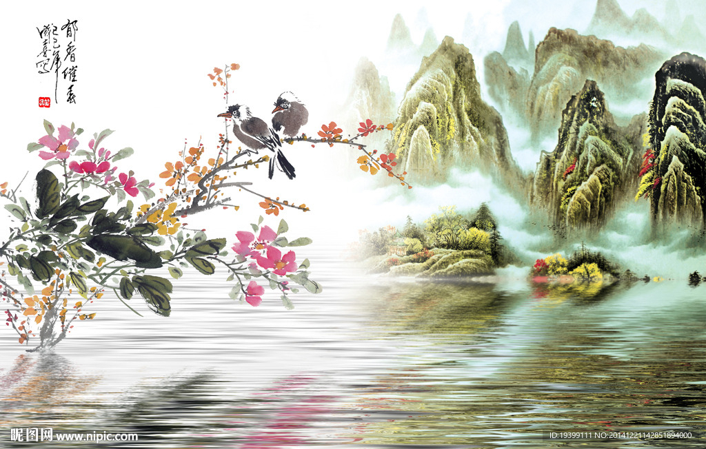 中式古典山水花鸟背景墙