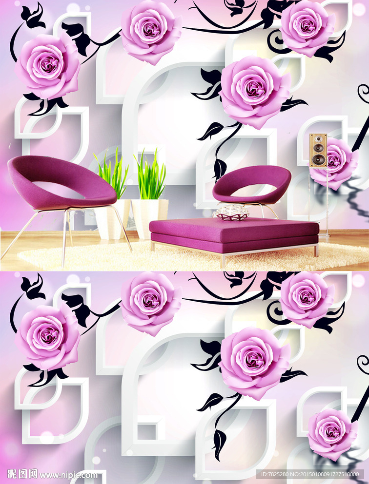 3D梦幻玫瑰电视背景 壁画