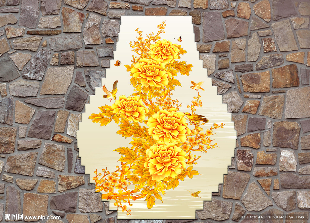 金色牡丹花鸟大理石墙面背景墙