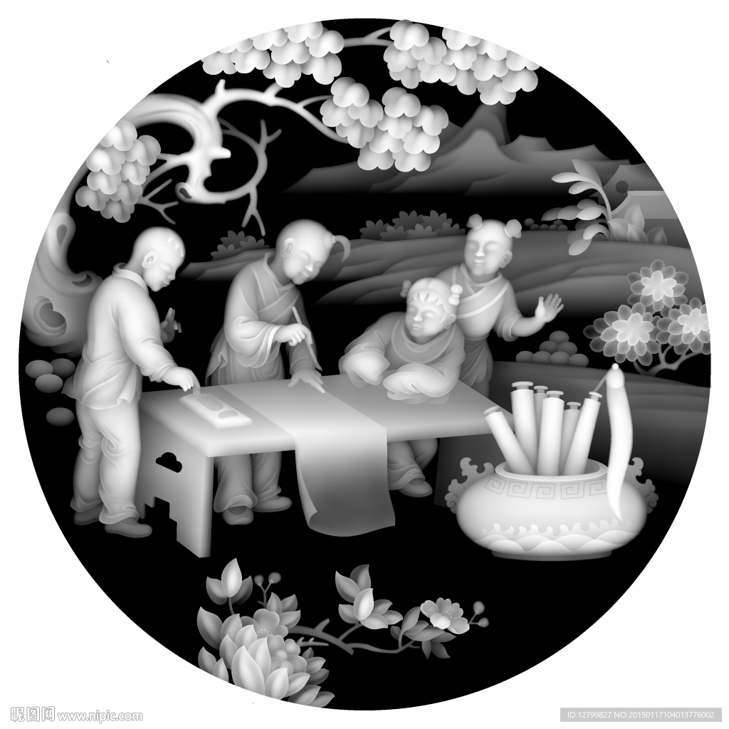 琴棋书画百子灰度图