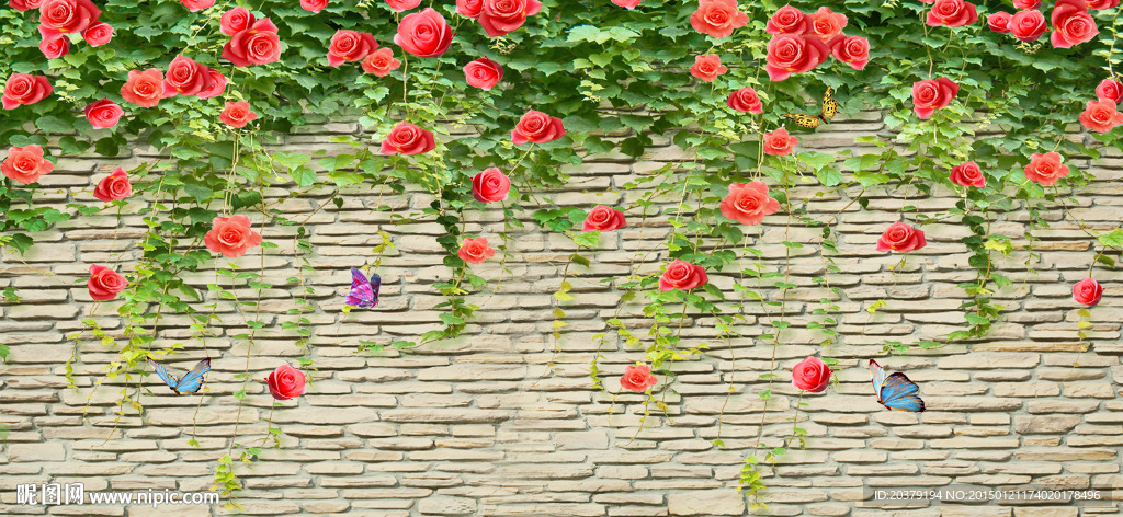 立体蔷薇花卉绿藤条石头墙面背景