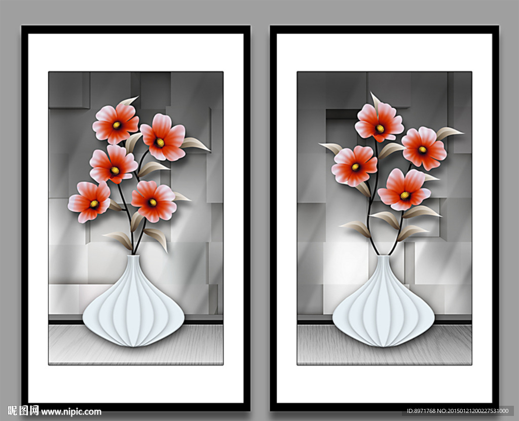 3D立体花卉花瓶装饰画