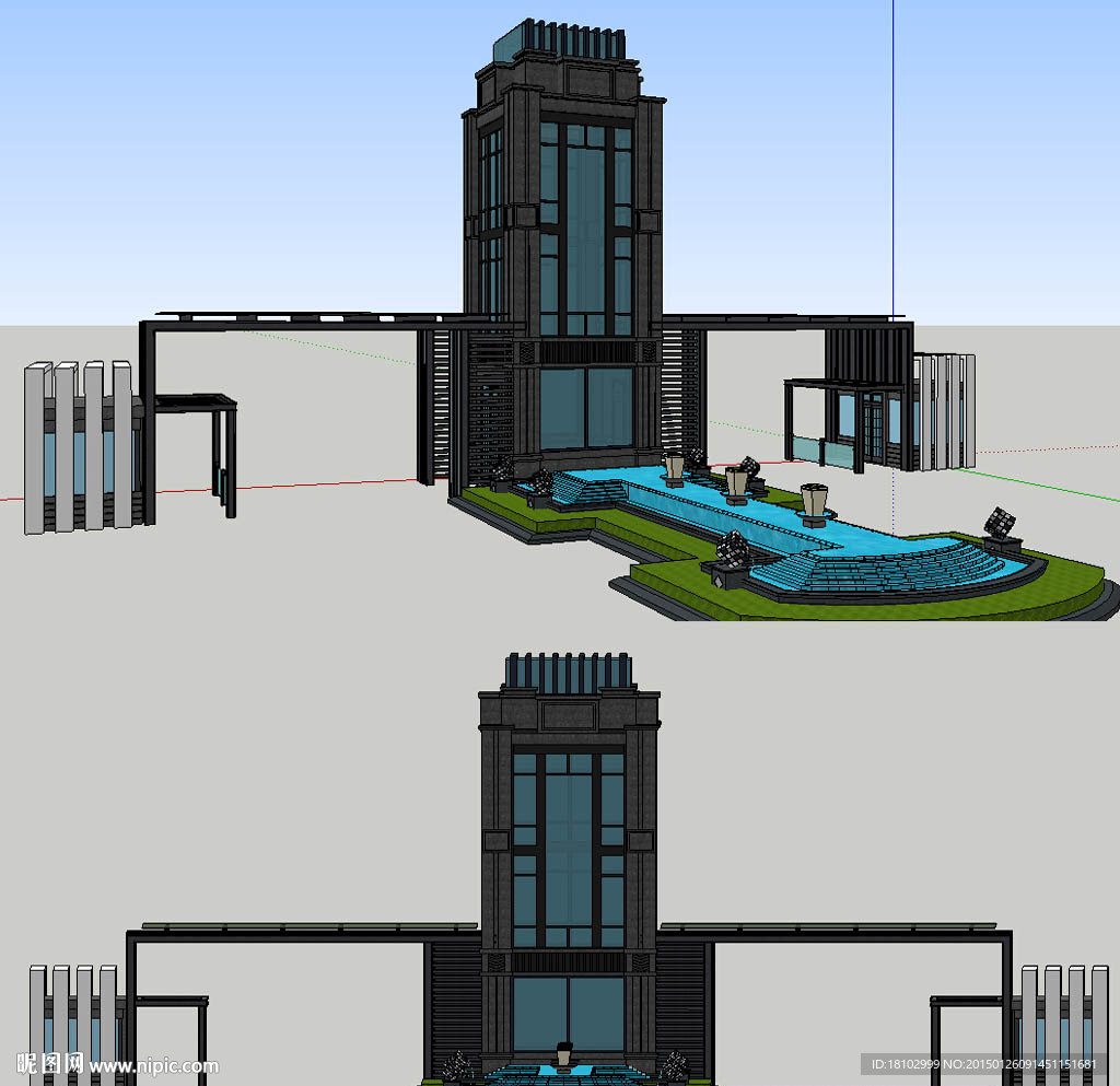 现代中式大门水景观SU模型