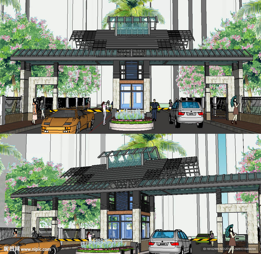现代小区大门草图SU模型