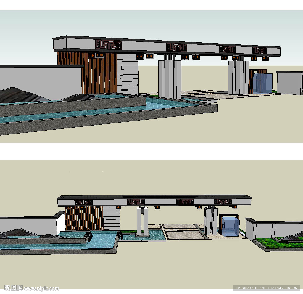 现代中式景观门草图SU模型