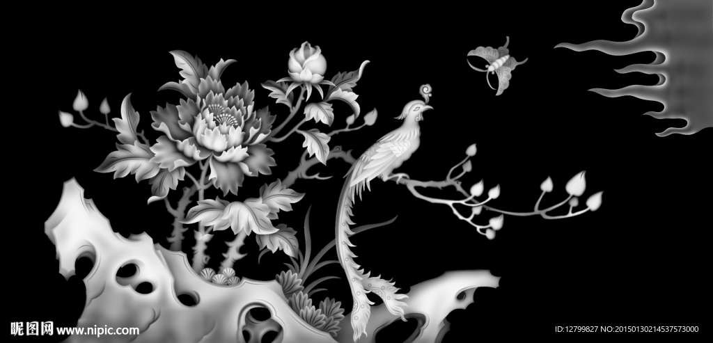 牡丹花鸟灰度图