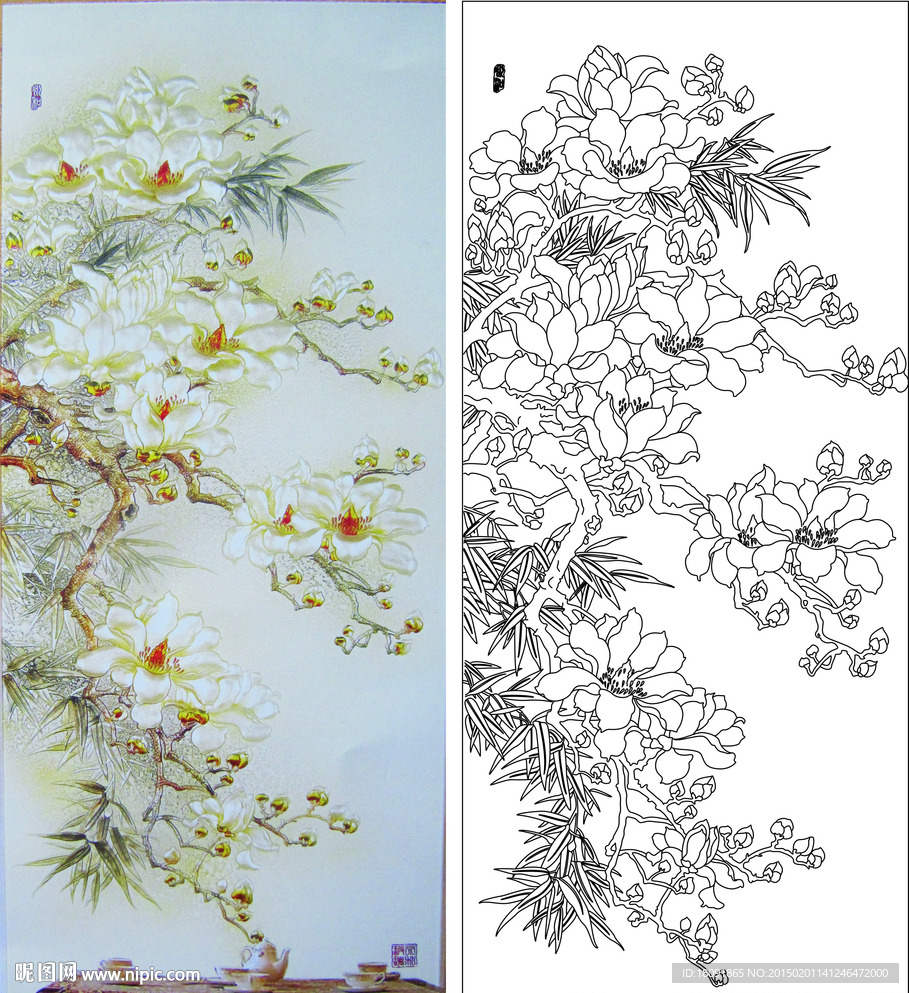 玉兰花  竹子 艺术玻璃高清图