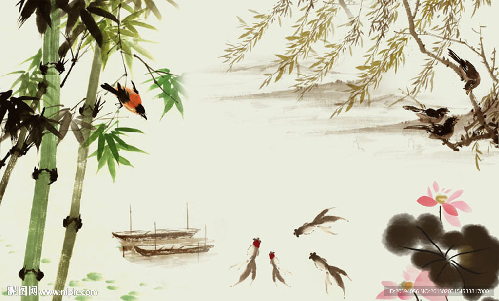 水墨竹子荷花鱼背景