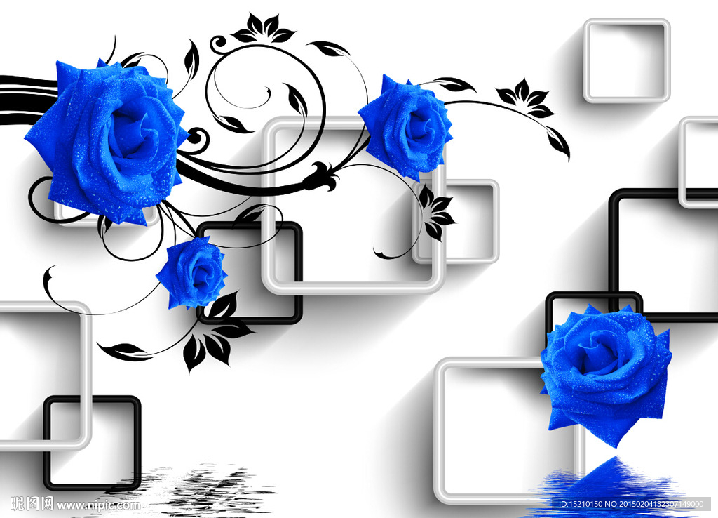 3D蓝色玫瑰倒影