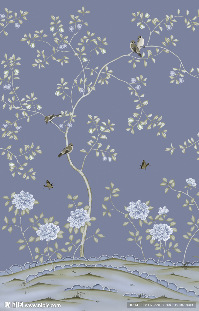 蓝色花鸟画
