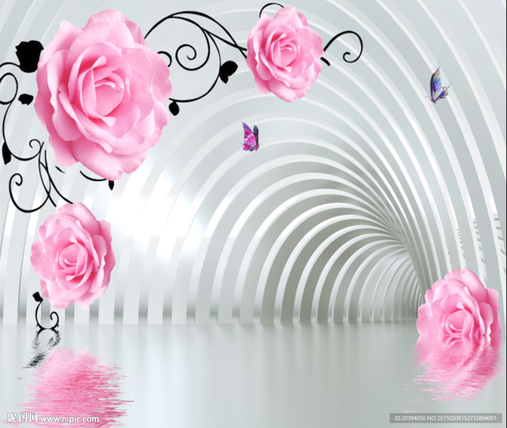 3D玫瑰花隧道蝴蝶背景墙