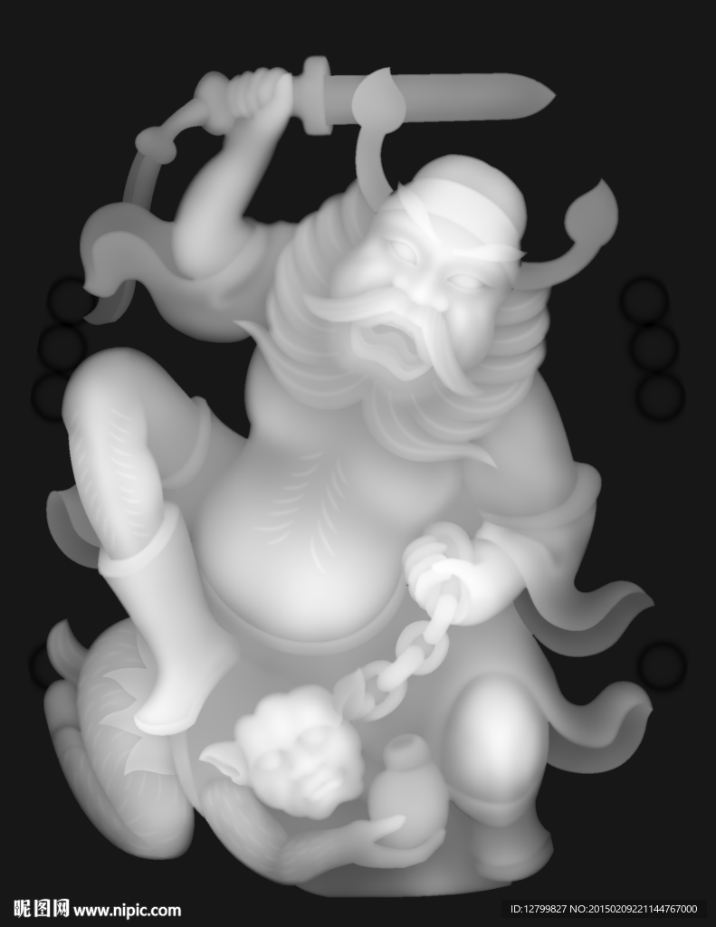 钟馗打鬼玉雕灰度图