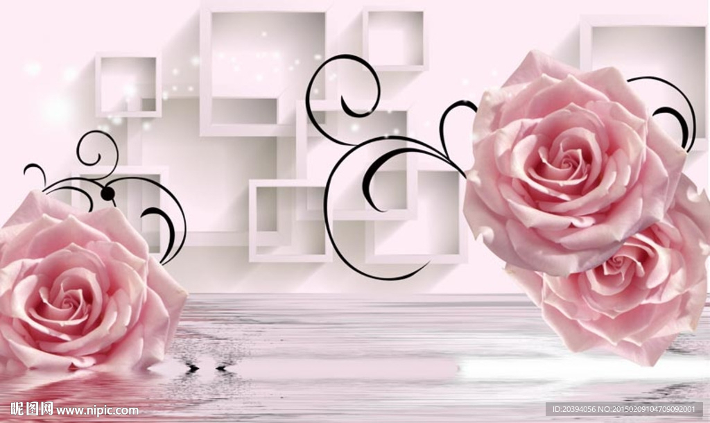3D玫瑰花方格背景
