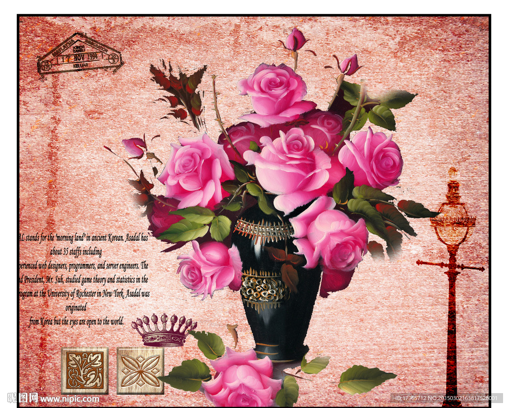 玫瑰花瓶欧式复古画