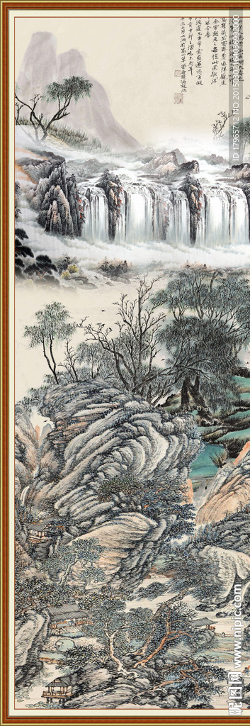 山水瀑布书法玄关装饰画