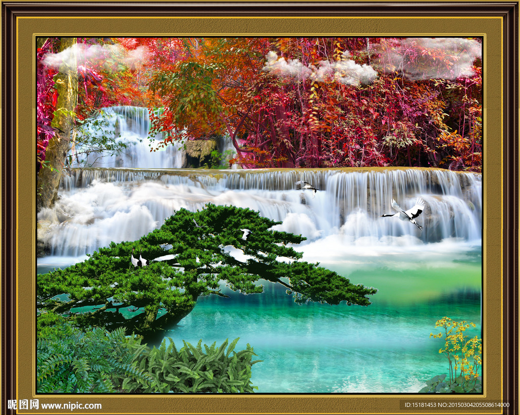 迎客松风景画流水