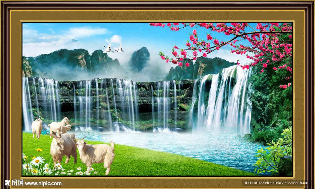三羊开泰山水风景画
