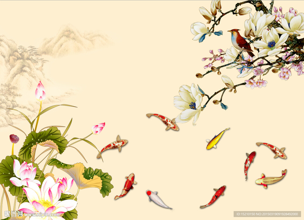 玉兰荷花九鱼图