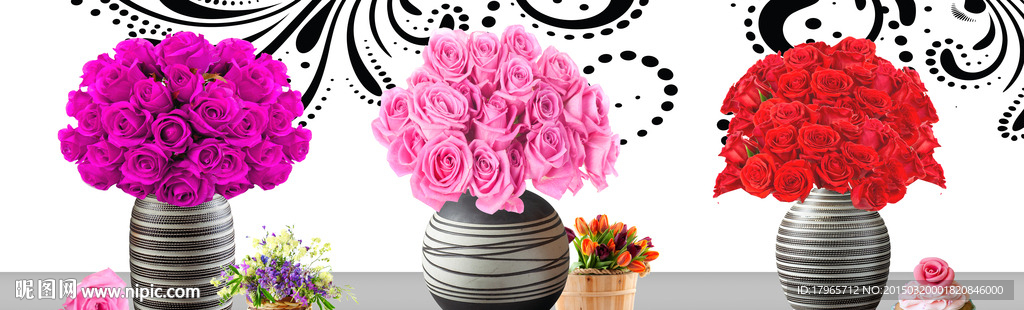 玫瑰花卉花瓶客厅三联画