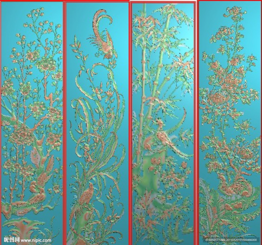 梅兰竹菊屏风 精雕 浮雕 灰度