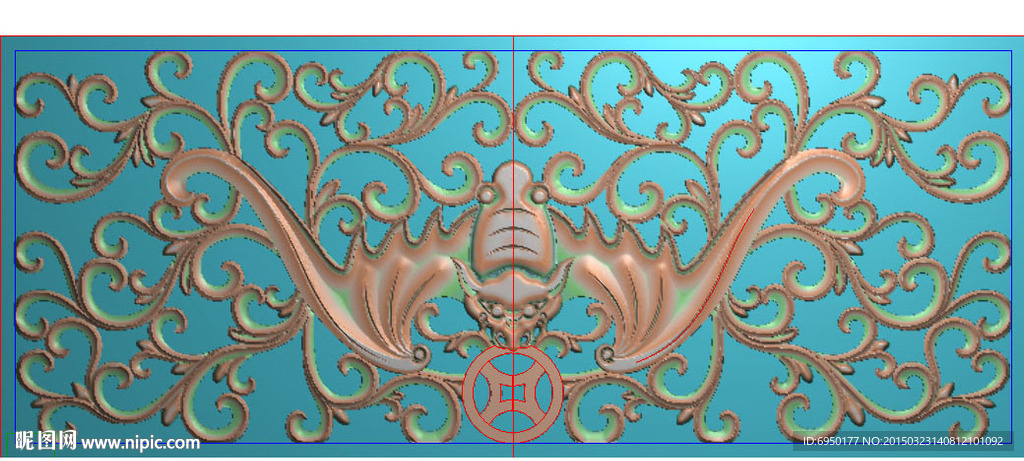 镂空蝙蝠铜钱洋花精雕图灰度浮雕