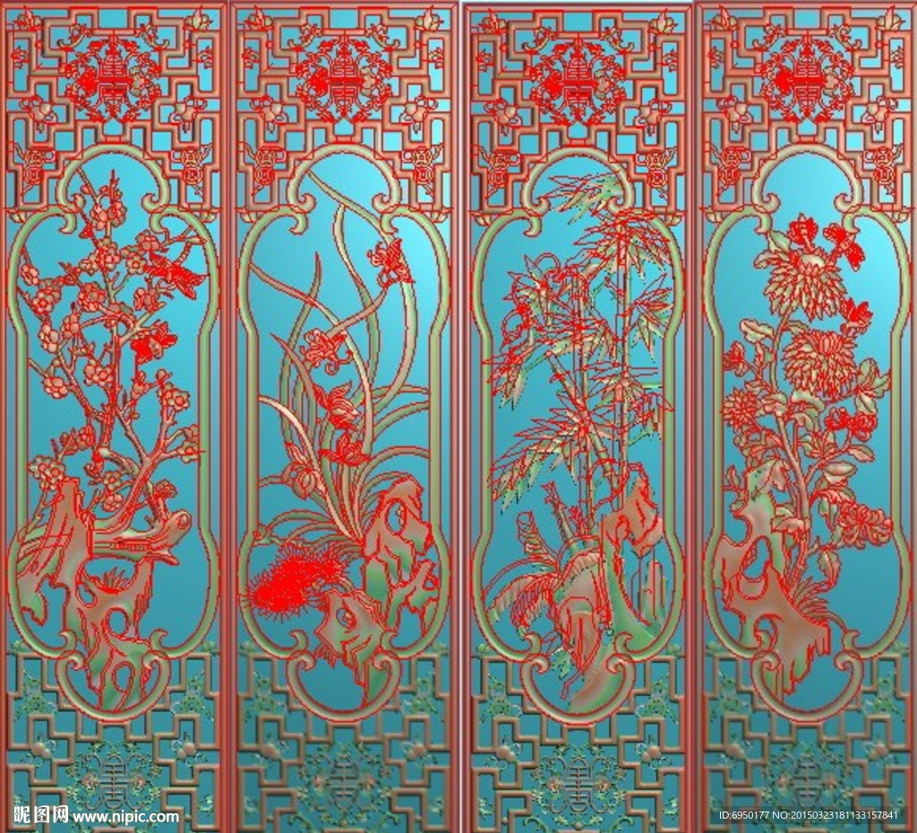 梅兰竹菊镂空精雕图浮雕图灰度