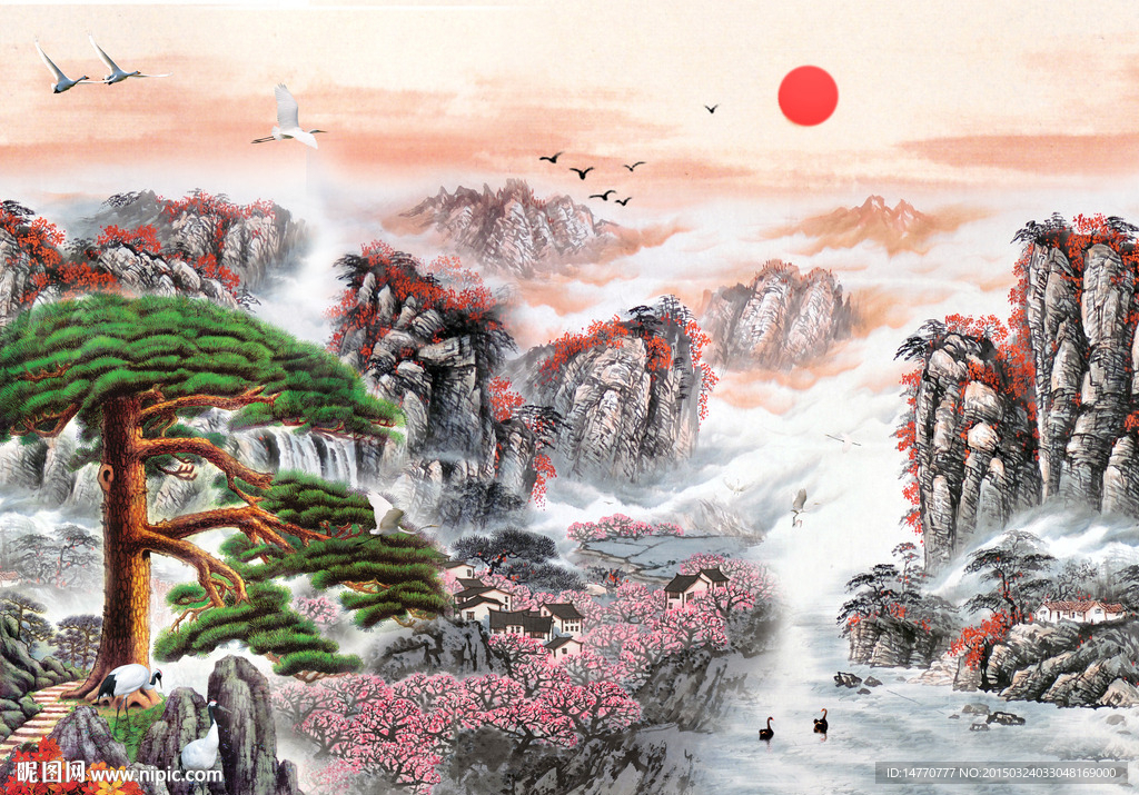 国画风景迎客松